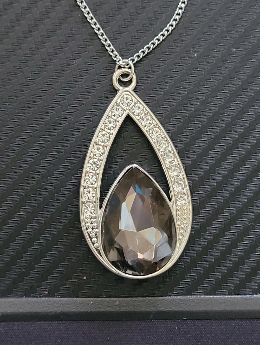 Silver Tone Smoky Crystal Teardrop Pendant Rhinestone Halo Necklace - Picture 4 of 9